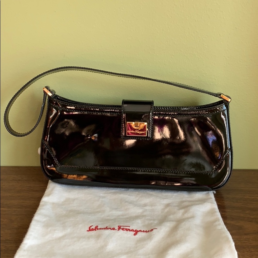 Vintage Salvatore Ferragamo Black Patent Clutch